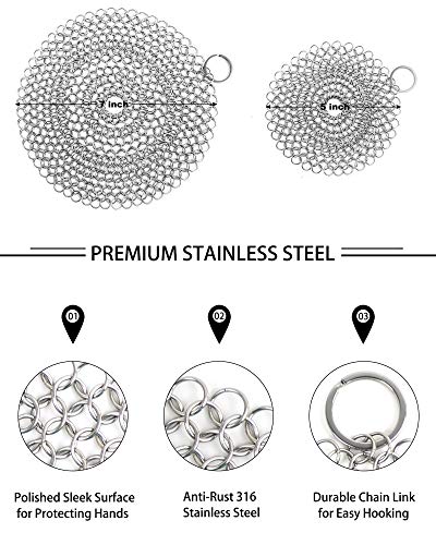 ONEEKK Cast Iron Skillet Cleaner Chainmail,2 Pack Premium Stainless Steel Chain Maille Scrubber for Cast Iron Pans,Stainle...