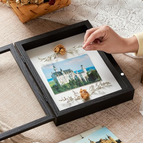 SPESFUTA 8x10 Deep Shadow Box Picture Frame Display Case with Linen Back and Stand,Real Glass Black Shadow Memory Box Fram...
