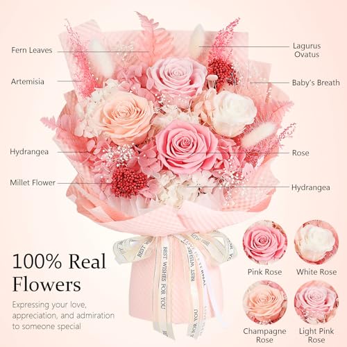 Preserved Flowers Bouquet 4 Roses - Pink Roses & Flowers for Delivery, Long-Lasting Real Roses Forever, Mothers Day Gifts ...