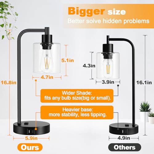 Set of 2 Industrial Touch Control Table Lamps with USB C+A Ports and AC Outlet - 3-Way Dimmable Black Bedside Lamps Nights...