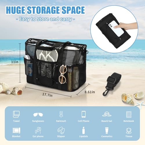 PIG PIG GIRL Mesh Beach Bag, Foldable Extra Large Beach Bags with Zipper Pool Bag with Portable Phone Pouch for Vacation Pool