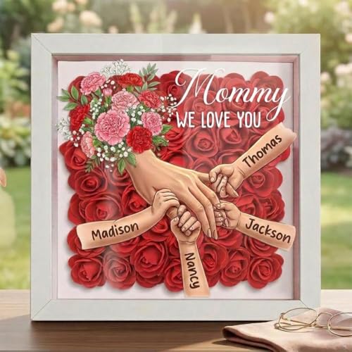Personalized Mommy Holding Hands Flower Shadow Box with Kids Name Custom Kids Names Carnation Floral Heart Frame, Premium ...