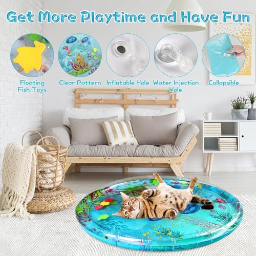Aqua Cats Water Mat with Fish,Cat Dog Water Mat,Thickened Durable Non-Slip Playmat, Durable Easy Clean,Suitable for All Ty...