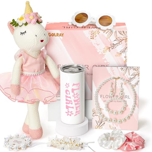 Golray Flower Girl Proposal Gifts Set, Will You Be My Flower Girl Gift with 16in Knitted Unicorn/ 15oz Cup/Floral Sunglass...