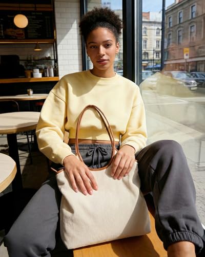 BAGSMRT Corduroy Tote Bag for Women with PU Leather Handles, Casual Shoulder Bag with Zipper Handbag for Travel Work