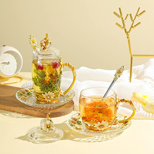 LANTREE Floral Yellow 12oz Hand Painted Glass Teacup with Lid, Spoon & Saucer - Gift for Mom, Teacher, Lovers - Christmas,...