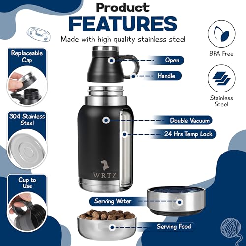 WRTZ Portable Dog Water Bottle with 2 Removable Water Bowls for Dogs – Leak-Proof Insulated Stainless Steel Dog Water Bott...
