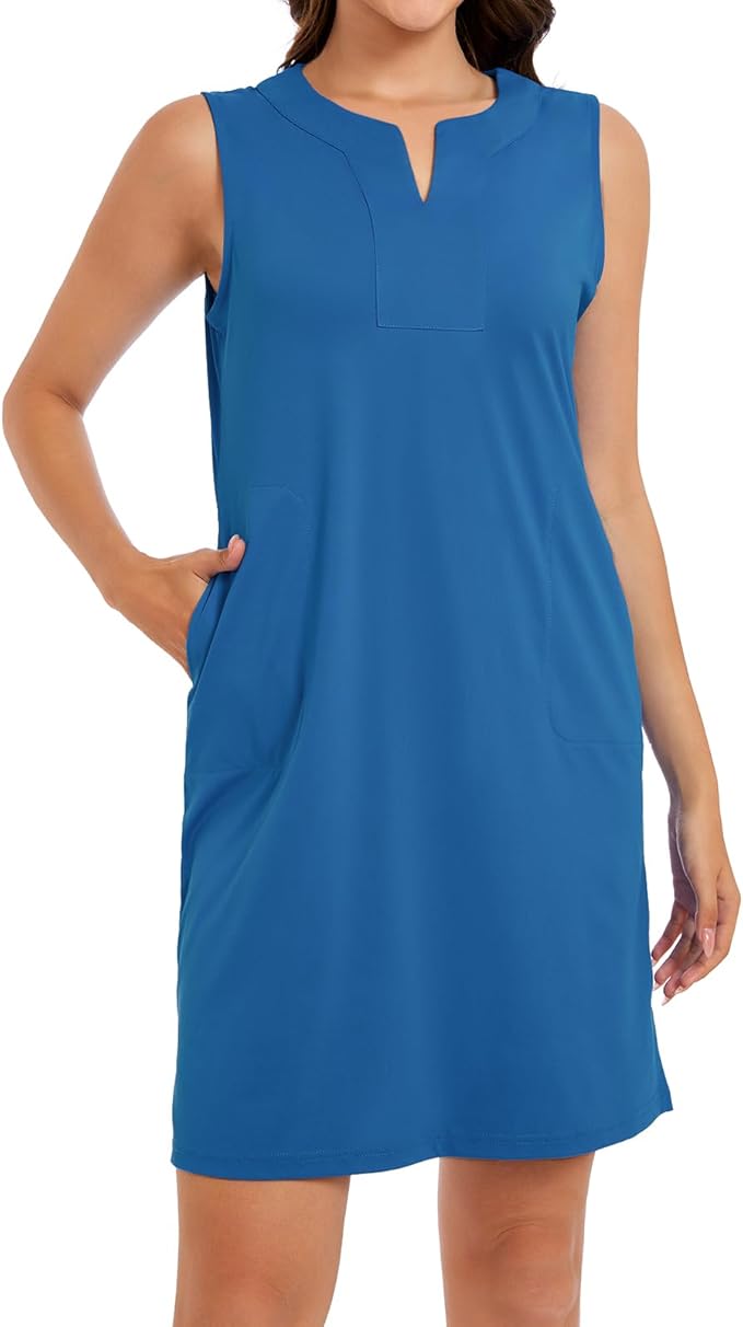 Lightbare Womens UPF 50+ Casual Sundress Sleeveless Tank Dress Notch Neck Summer Floral Dresses with Pockets Loose Fit