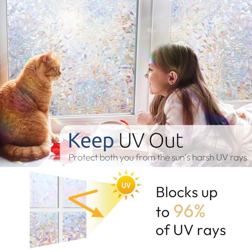 rabbitgoo Window Privacy Film Rainbow Film Decorative Window Sticker, 3D Static Stained Glass Cling Tint for Home Heat Con...