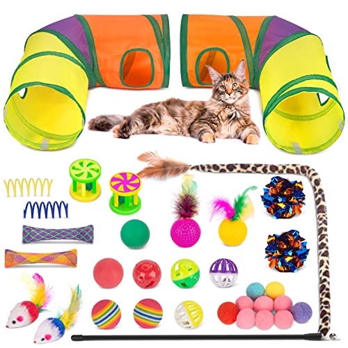 Retro Shaw 33Pcs Cat Toys, Large Cat Tunnels with Toys, Interactive Kitten Toys for Indoor Cats Kitty, Collapsible Cat Tub...