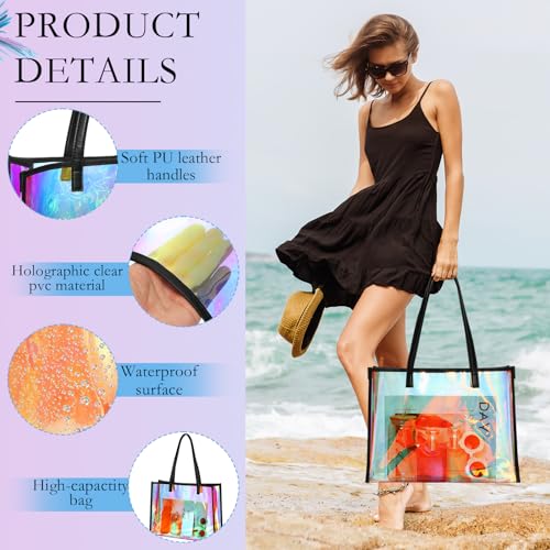 Aliceset Holographic Clear Tote Bag with Leather Handle Iridescent Bachelorette Beach Bag for Work Stadium Travel | with L...