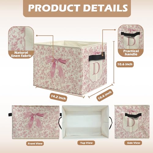 uinwk Personalized Coquette Pink Bow Floral Monogram Storage Bins, Custom Pink Collapsible Storage Box Laundry Basket with...