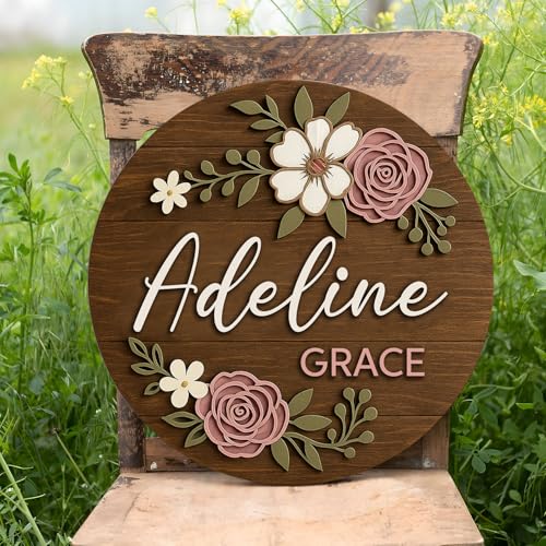 Floral Name Sign for Nursery Decor for Girls – Personalized Wooden Name Signs for Nursery with Flowers, Baby Girl's Custom...