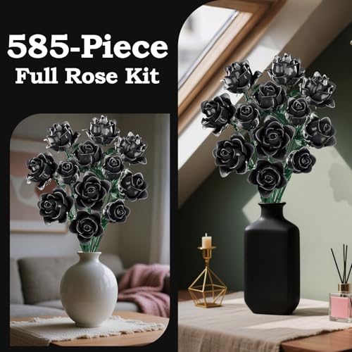 12 Black Roses Building Block Bouquet Set, 585 PCS Artificial Flowers– Symbol of Mystery, Elegance & Transformation – Goth...