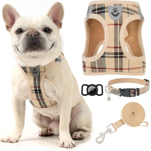 EXPAWLORER Plaid Small Dog Harness and Leash Set with AirTag Holder - No Pull Soft Padded Step in Dog Vest Harness Medium ...