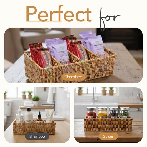 Nature-Inspired Rattan Pantry Organizer Baskets Set of 2 with 3 Removable Dividers – Handwoven Storage Bins for Kitchen or...