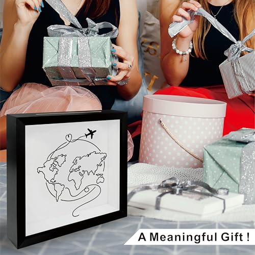 8 x 8 Inch Wooden Shadow Box Frame with Shelves Slot - Sketch Global Map Travel Theme - Money Savings Bank Ticket Saving B...