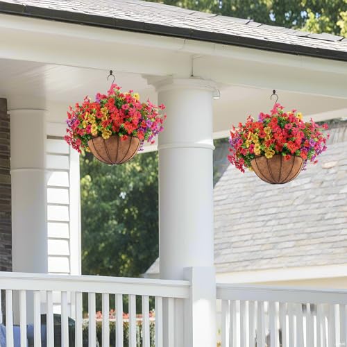Hananona 2 Set Artificial Outdoor Flowers with Hanging Basket, 2 Hanging Planters with 24 Pcs Flowers for Spring Summer Fr...