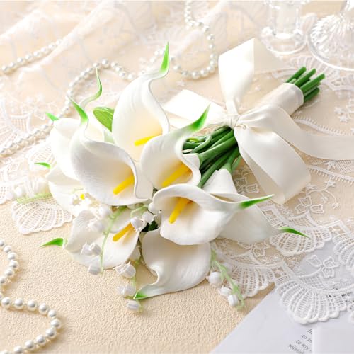 Janinka Artificial Bridesmaid Bouquets Set of 6 Calla Lily Wedding Bouquet Pre-Tied Ivory White Artificial Lily Flowers Br...