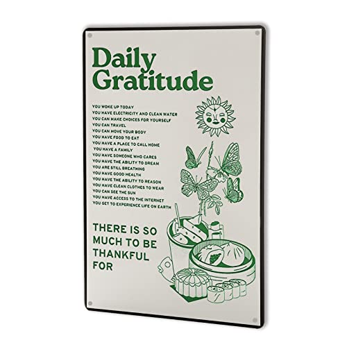 Room Decor Aesthetic Wall Decor Daily Gratitude Inspirational Metal Tin Sign, Green Boho Home Coffee Room Wall Office Deco...