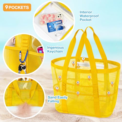 KPX Mesh Beach Bag, Large Beach Tote Bags for Women Foldable Mesh Swimming Pool Bag with Mini Pockets - Sandproof, Waterproof