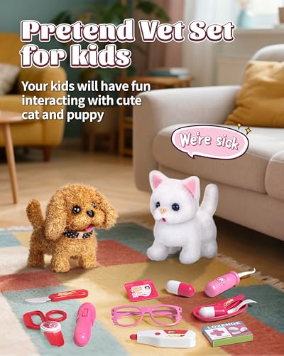 Pet Vet Kit for Kids with 2 Plush Pets (Dog & Cat) & Doctor Costume - 36Pcs Interactive Veterinarian Playset for Toddlers ...
