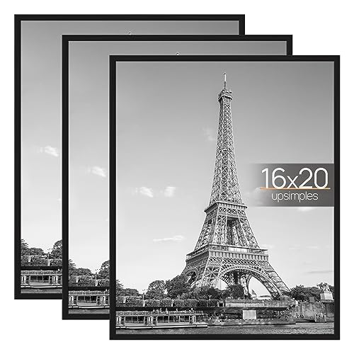 upsimples 16x20 Picture Frame Black 3 Pack, Scratch-Proof Poster Frames 16 x 20 for Photo Gallery - Slide-In Strips, Horiz...