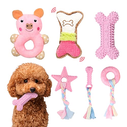 XGDMEIL 6 Pack Puppy Toys for Teething Small Dogs, Cute Pink Dog Chew Toys for Puppies, Soft Squeaky Dog Toys for Small Br...