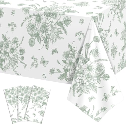 3 Pack Sage Green Floral Plastic Tablecloths, 54 X 108Inch Tea Party Tablecloth Disposable Table Cloths Green and White Po...