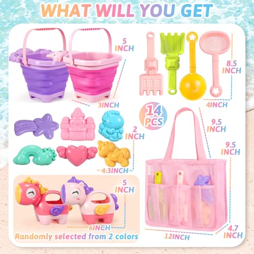 CatchCute Unicorn Collapsible Beach Toys,14 PCS Sand Toys Set with Animal Foldable Buckets,Shovels,Sifter,Sand Molds,Castl...