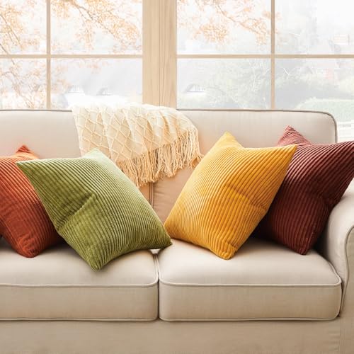 Topfinel Fall Burnt Orange Decorative Throw Pillows Covers 18x18 Inch Set of 4,Yellow Green Gradient Series Corduroy Strip...