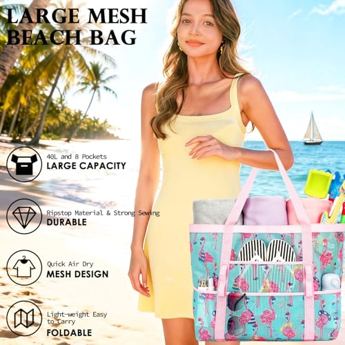 Fammart Mesh Beach Bag for Women, Large Beach Toy Pool Bag with Zipper Pocket, SandProof Cruise Essentials 2026 Family Travel