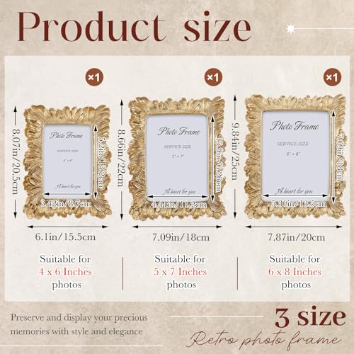 Wonderjune 3 Pcs Vintage Picture Frames Antique Set Baroque Ornate Gold Arched Photo Frames with Glass, Tabletop or Wall f...
