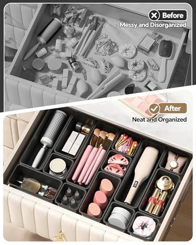 Canfanni 13 Pack Plastic Drawer Organizers Set, 3 Sizes Desk Drawer Organizer Trays for Vanity and Makeup Organizer, Organ...