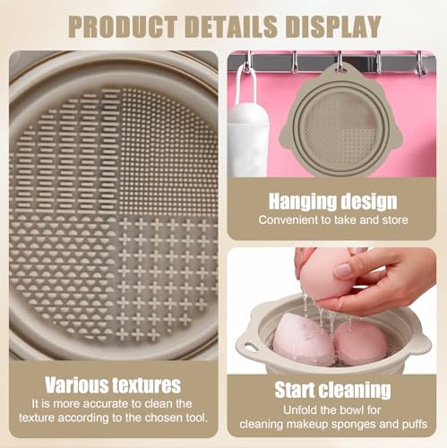 Makeup Brush Cleaner Silicone Bowl Foldable Cosmetic Washing Tool Collapsible Bathroom Tray for Travel and Home Storage(Ap...