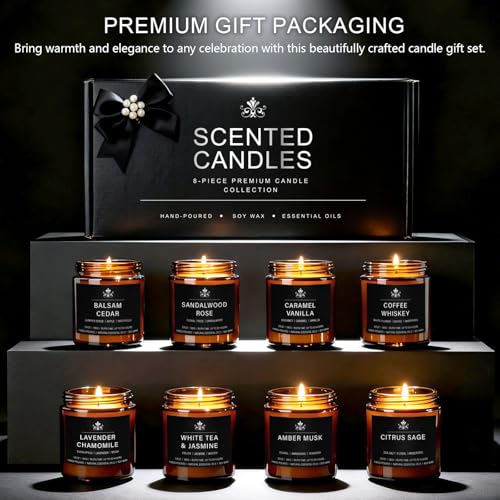 8 Pack Soy Wax Scented Candle Set - Lavender Chamomile, Citrus Sage, Amber Musk, Balsam Cedar, Coffee Whiskey - Long Lasti...