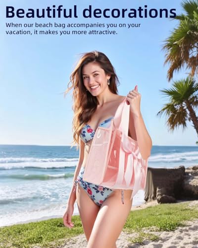 URZCT Jelly Tote Bag,Beach Tote Bag for Women,Pink Beach Bag with Bow,Large Waterproof Zipper Bag