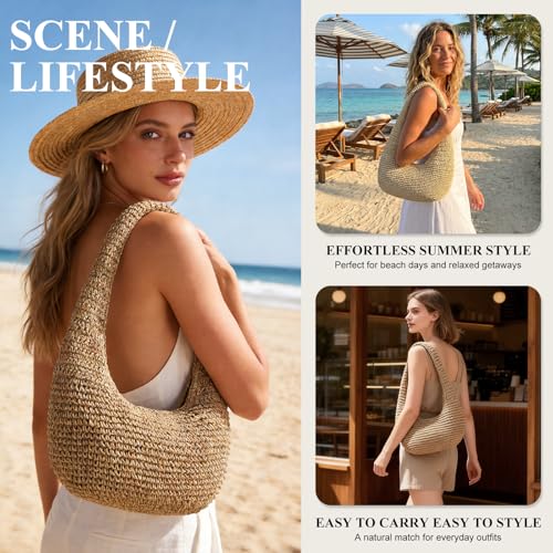 Straw Beach Bag for Women, Summer Tote Bag for Vacation, Hobo Shoulder Bag for Beach Wedding Travel