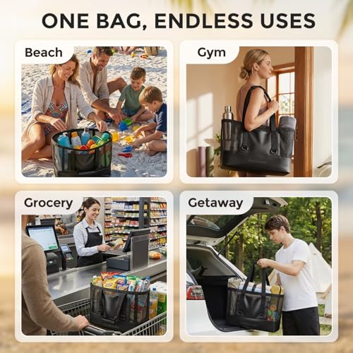 OnWander Large Mesh Beach Tote Bag - Pool Bags with 2 Inner Zipper Waterproof Pockets for Swim Toys Towels Travel