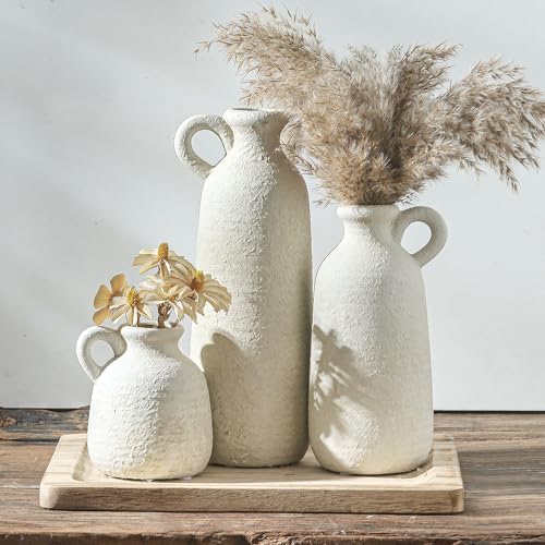 Ceramic Vase Set of 3 with Handle, Neutral Rustic Vases Home Decor Farmhouse Decorative Vase Whitewashed Pottery Decor Mod...