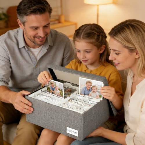 Himake Decorative Photo Storage Box - Linen Photo Box Organizers with Dividers, Fits Holds Up to 1700 Photos in 5x7 inch S...