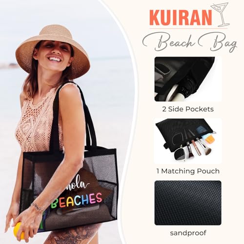 KUIRAN 30L Large Beach Bag with Pouch Foldable Sandproof Lightweight Mesh Tote Bag with Two Pockets for Swimming Travel