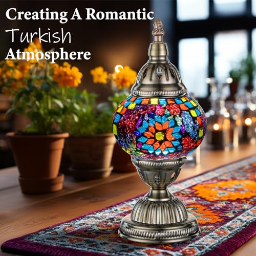 Marrakech Turkish Table Lamp with Bronze Base，Handmade Colorful Moroccan Tiffany Style Mosaic Glass Night Stand Light Fixt...