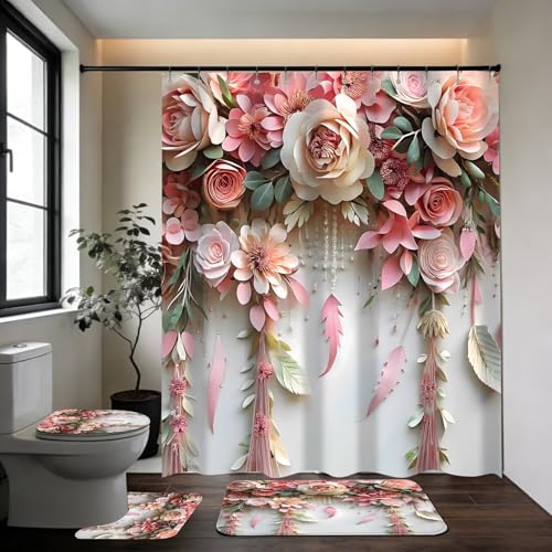 DDQQ Pink Flower Bathroom Shower Curtain Set, Romantic and Cute Rose Floral Polyester Bathroom Decor Set with Shower Curta...