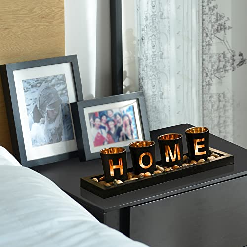MrMrKura Home Decorative Candle Holder Set, 4 Glass Tea Light Candleholders with Wooden Candle Holders Tray, Natural Pebbl...