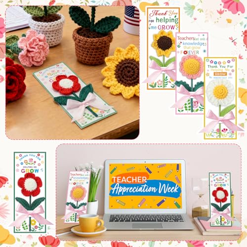 FineCheer 12 Set Teacher Appreciation Gifts for Women Thank You for Helping Me Grow Crochet Flower Teacher Party Favors Th...