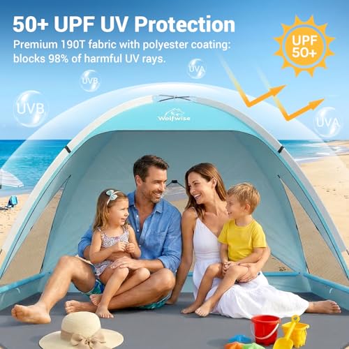 Wolfwise Beach Tent Sun Shelter for 3/4/5 Person with UPF 50+ UV Protection, Sun Shade Beach Tents with Extendable Floor f...