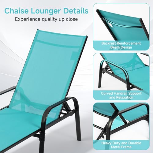 Simple Dexlue Aluminum Chaise Lounge Chair with Armrests, Foldable Outdoor Lounge Chair with 5 Position Adjustable Backres...