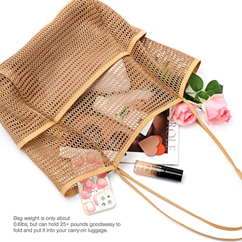 KPX Beach Bag with Mini Pocket, Summer Beach Tote Bags for Women Large Foldable Mesh Swimming Pool Travel Bags - Sandproof