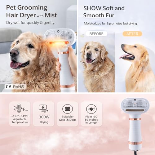 Steam & Dry Pet Grooming Brush for Dogs & Cats, Gentle Touch Deshedding Comb with Light Drying, 4-in-1 Pet Care Tool for B...